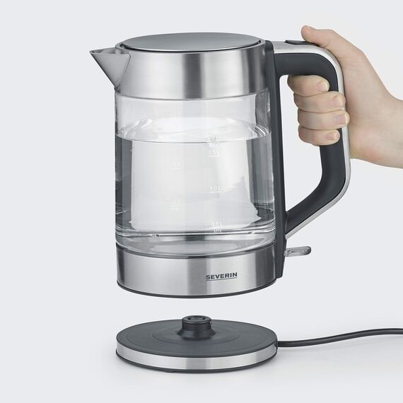 Severin Wasserkocher, Glas, Edelstahl, kompakt und leistungsstark, 1-Hand-Bedienung, leichte Reinigung, herausnehmbarer Kalkfilter, 1,7 L, 100 Prozent BPA-frei, 2200 W, WK 3420