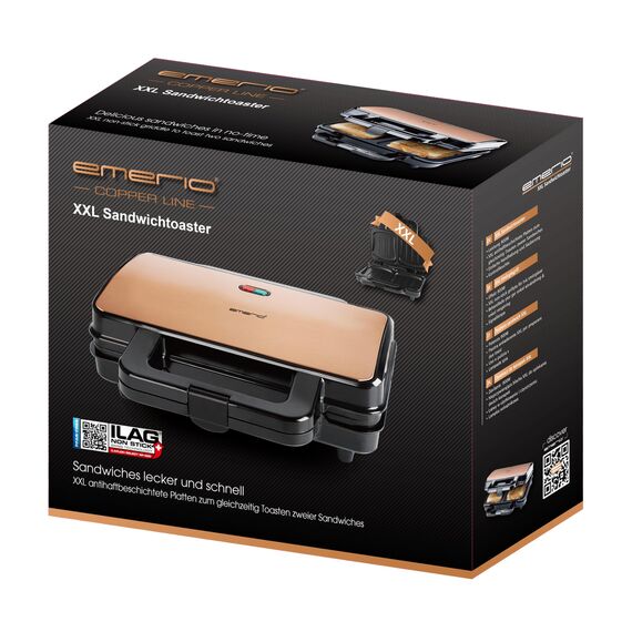 Emerio XXL Sandwichmaker | Kupfer Edition | für 2 Sandwiches in Muschelform | Käse läuft nicht aus & super leicht zu reinigen| PFAS-frei durch ILAG Antihaftbeschichtung | 900 W | ST-130328.2