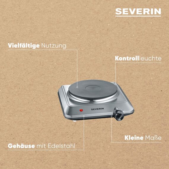 SEVERIN Kochplatte, für Küche, Büro oder Camping, kleine Herdplatte mit stufenloser Temperatureinstellung, Campingkocher, Heizring mit 18cm Durchmesser, Single, Silber, Edelstahl, 1.500 W, KP 1092