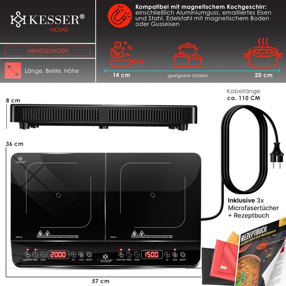KESSER® Induktionskochplatte Induktionskochfeld 2 Platten 3500W Tragbares 57cm Kochplatte + 3x Mikrofasertuch + 1x Rezeptbuch, 8 Heizstufen, 4-Stunden-Timer, Touch-Steuerung, Booster-Funktion 220-240V
