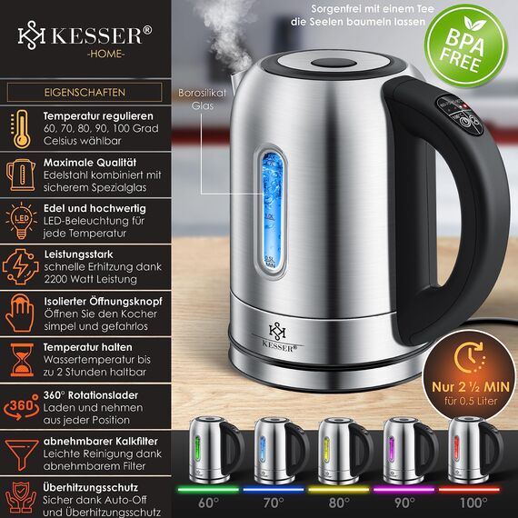 KESSER Wasserkocher 2200W Edelstahl 1,7L mit LED Beleuchtung-Farbe je nach Temperaturwahl 60, 70, 80, 90, 100 °C | Inkl. 70cm Kabel, Teefiltereinsatz & Kalk-Filter, BPA- FREE, 2 Std Warmhaltefunktion