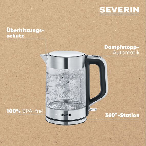 Severin Wasserkocher, Glas, Edelstahl, kompakt und leistungsstark, 1-Hand-Bedienung, leichte Reinigung, herausnehmbarer Kalkfilter, 1,7 L, 100 Prozent BPA-frei, 2200 W, WK 3420