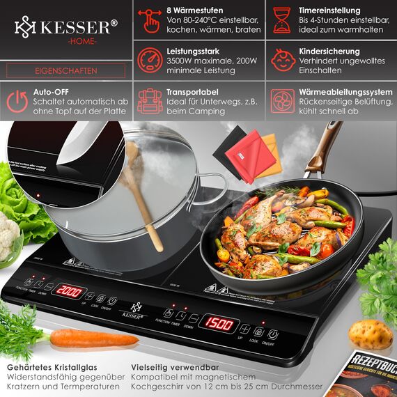 KESSER® Induktionskochplatte Induktionskochfeld 2 Platten 3500W Tragbares 57cm Kochplatte + 3x Mikrofasertuch + 1x Rezeptbuch, 8 Heizstufen, 4-Stunden-Timer, Touch-Steuerung, Booster-Funktion 220-240V