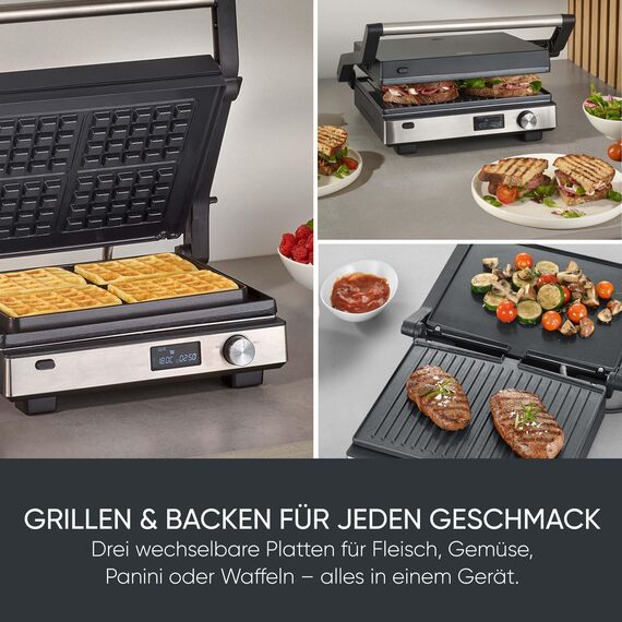SEVERIN Kontaktgrill SEVINI FLEX, 3-in-1 Multikontaktgrill, hochwertige Keramikbeschichtung, XL-Grillfläche, spülmaschinengeeignete Grillplatten, Burger, Panini, 2000W, schwarz/Edelstahl, KG 2380