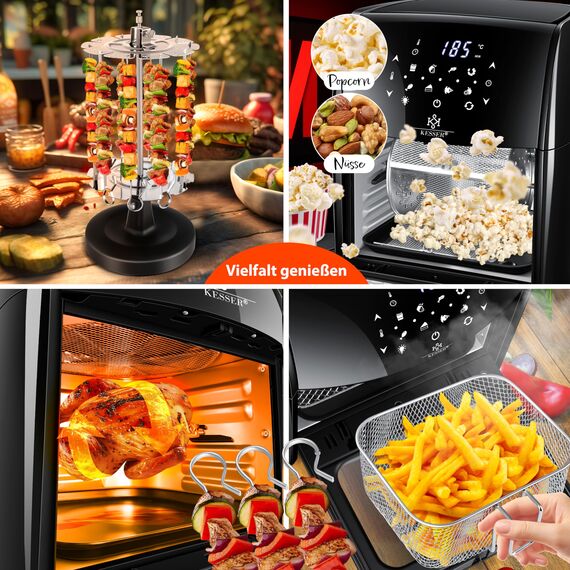 KESSER® XXL Airfryer 9in1 Heißluftfritteuse Fritteuse, | Drehgrill | Dörrautomat | Rezeptheft | Grillspieß | 1800 Watt | fettfrei grillen ohne Öl | 8 Programme | inkl. Zubehör Schwarz