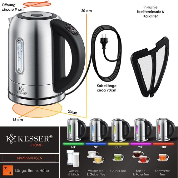 KESSER Wasserkocher 2200W Edelstahl 1,7L mit LED Beleuchtung-Farbe je nach Temperaturwahl 60, 70, 80, 90, 100 °C | Inkl. 70cm Kabel, Teefiltereinsatz & Kalk-Filter, BPA- FREE, 2 Std Warmhaltefunktion