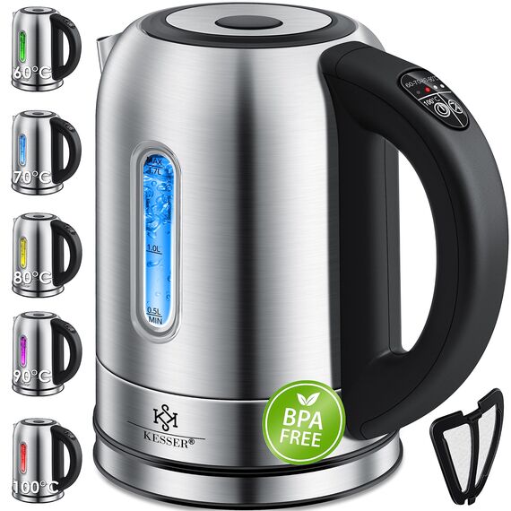 KESSER Wasserkocher 2200W Edelstahl 1,7L mit LED Beleuchtung-Farbe je nach Temperaturwahl 60, 70, 80, 90, 100 °C | Inkl. 70cm Kabel, Teefiltereinsatz & Kalk-Filter, BPA- FREE, 2 Std Warmhaltefunktion