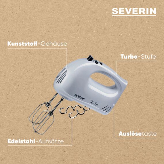 SEVERIN Handmixer, Handrührgerät mit 5 Geschwindigkeitsstufen, praktischer Handrührer mit 2 Edelstahl-Rührbesen und -Knethaken, weiß, HM 3820