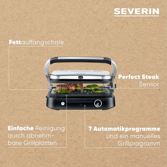 SEVERIN SEVINI PRO Kontaktgrill für Sandwiches, Steak und als Panini Grill, antihaftbeschichteter Sandwich Maker für fettfreies Grillen, mit 7 Automatikprogrammen, 1800 W, schwarz/silber, KG 2395