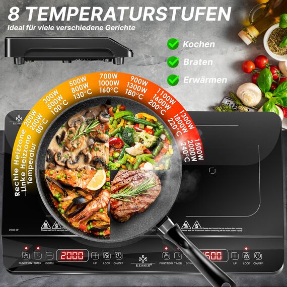 KESSER® Induktionskochplatte Induktionskochfeld 2 Platten 3500W Tragbares 57cm Kochplatte + 3x Mikrofasertuch + 1x Rezeptbuch, 8 Heizstufen, 4-Stunden-Timer, Touch-Steuerung, Booster-Funktion 220-240V