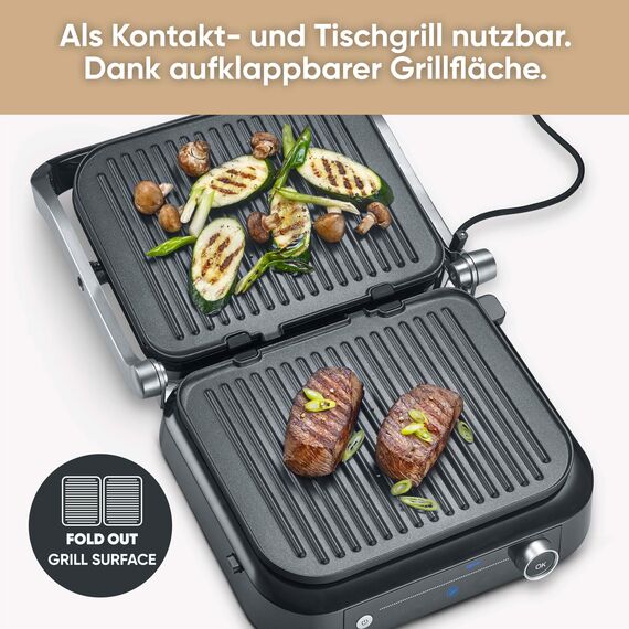 SEVERIN SEVINI PRO Kontaktgrill für Sandwiches, Steak und als Panini Grill, antihaftbeschichteter Sandwich Maker für fettfreies Grillen, mit 7 Automatikprogrammen, 1800 W, schwarz/silber, KG 2395