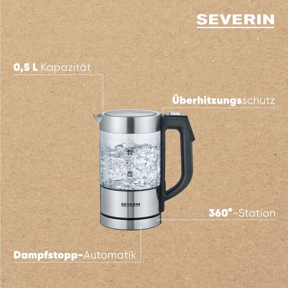 SEVERIN Digitaler Mini Glas Wasserkocher, kompakter Wasserkocher mit Temperaturauswahl, elektrisch, mit Kalkfilter, 0,5L, Edelstahl-gebürstet, Glas, schwarz, WK 3458