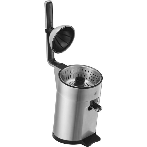 WMF Profi Plus Orangensaftpresse elektrisch, Hebel-Zitronenpresse Edelstahl, Limettenpresse, Zitruspresse, Orangenpresse mit Fruchthalter, 160 Watt, Tropfstopp, edelstahl matt