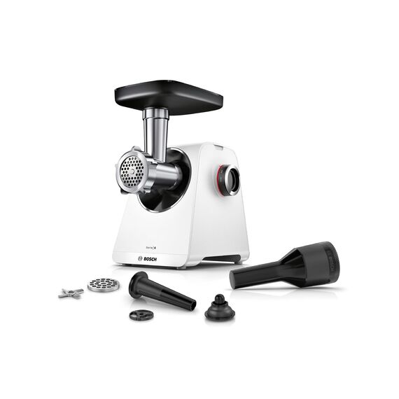 Bosch MultiPower Serie 6 Fleischwolf MFWS607W, 2 Lochscheiben (4,5 und 8 mm), Edelstahl, spülmaschinenfest, Kebbe- und Wurst-Aufsatz, Motorblockleistung 2.100 W, Weiß