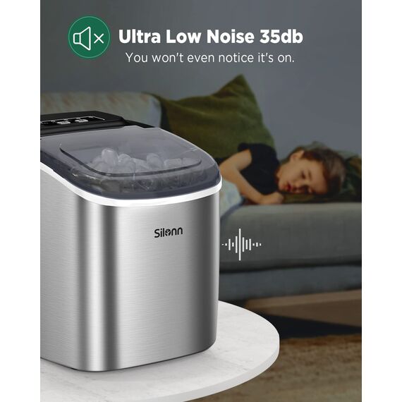 Silonn Eiswürfelmaschine, Kleine Eiswürfelmaschine mit Tragegriff, 9 Eiswürfeln in nur 6 Min., 12 kg Eis in 24 Stdn. Selbstreinigend Kompakt mit 2 Eisgrößen, Ideal für Küche Büro und Partys, Silber