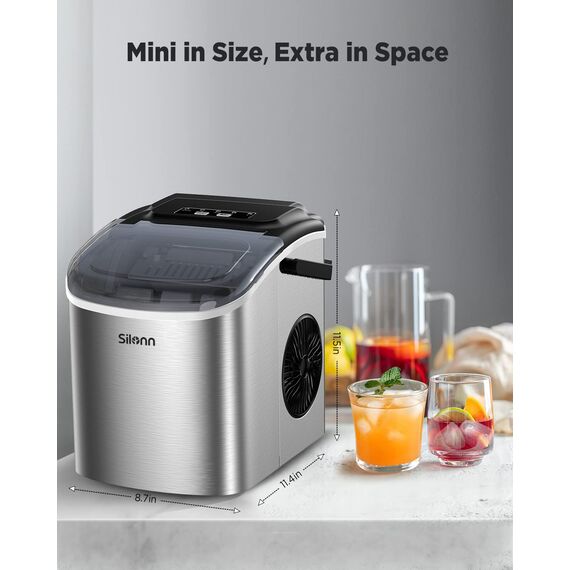 Silonn Eiswürfelmaschine, Kleine Eiswürfelmaschine mit Tragegriff, 9 Eiswürfeln in nur 6 Min., 12 kg Eis in 24 Stdn. Selbstreinigend Kompakt mit 2 Eisgrößen, Ideal für Küche Büro und Partys, Silber