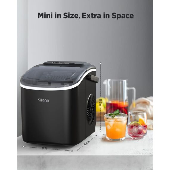 Silonn Eiswürfelmaschine, Eiswürfelbereiter 9 Würfel in 6 Minuten fertig, 12 KG in 24 Stunden, Selbstreinigende Kleine Eiswürfelmaschine, 2 Eiswürfel Größen für Küche, Büro, Bar und Party, Schwarz