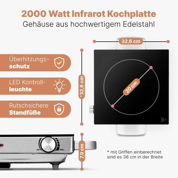 ProfiCook® Infrarot-Einzelkochplatte | Energiesparende Herdplatte | Kochfeld aus kratzfester Glaskeramik | Kochplatte Stufenlose Temperaturregelung | 2000 W | PC-EKP 1210