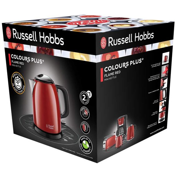 Russell Hobbs Wasserkocher klein [1l] Colours+ Edelstahl Rot (2400W, Schnellkochfunktion, herausnehmbarer Kalkfilter, außenliegende Wasserstandsanzeige, kleiner Reisewasserkocher) Teekocher 24992-70