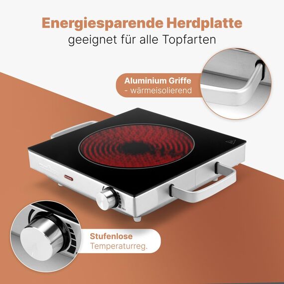 ProfiCook® Infrarot-Einzelkochplatte | Energiesparende Herdplatte | Kochfeld aus kratzfester Glaskeramik | Kochplatte Stufenlose Temperaturregelung | 2000 W | PC-EKP 1210