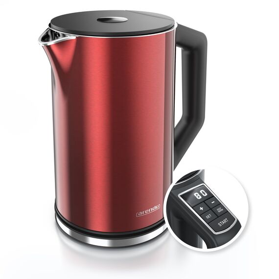 Arendo - Edelstahl Wasserkocher mit Temperatureinstellung 40-100 Grad in 5er Schritten - Doppelwand Design - Modell ELEGANT - 1,5 Liter - 2200 W - Teekocher mit Temperaturanzeige - GS - Karminrot