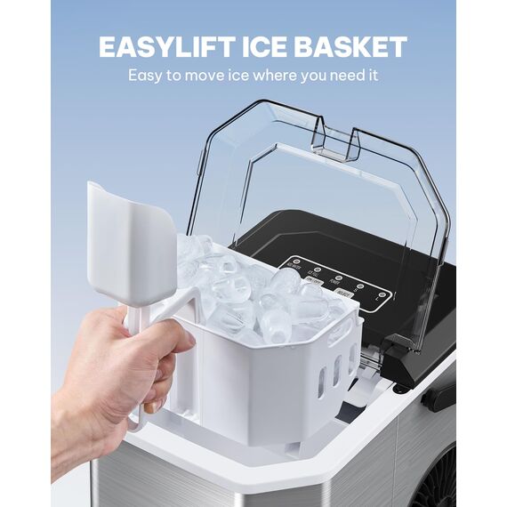 Silonn Eiswürfelmaschine mit Griff-Eiswürfelkorb – Tragbar & Selbstreinigend, Mini Ice Maker 9 Eiswürfel/6 Min. 12 KG/Tag, Eiswürfel einfach entnehmen und überall nutzen