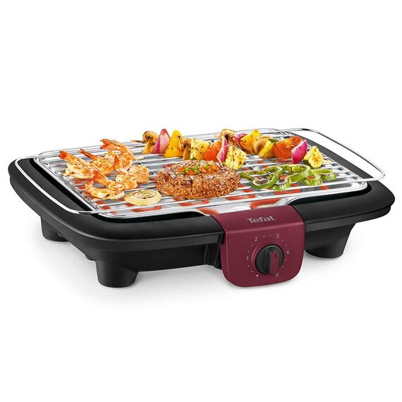Tefal Easygrill Elektrischer Standgrill | BG90F5 | Mit Standfüßen Für Draußen | Auch Als Tischgrill Drinnen verwendbar | 2300 W | 870cm² Grillfläche | Leichte Reinigung | schwarz/Burgunderrot