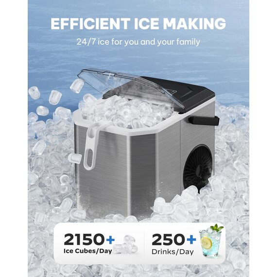 Silonn Eiswürfelmaschine mit Griff-Eiswürfelkorb – Tragbar & Selbstreinigend, Mini Ice Maker 9 Eiswürfel/6 Min. 12 KG/Tag, Eiswürfel einfach entnehmen und überall nutzen