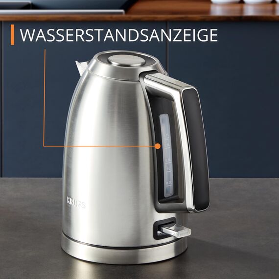 KRUPS BW552D Excellence Elektrischer Wasserkocher, Premium Gebürstetes Metall Finish, 1,7 L Kapazität, Auto Shut-Off, Schnurloser Wasserkocher, Auf 360° Drehbarem Sockel