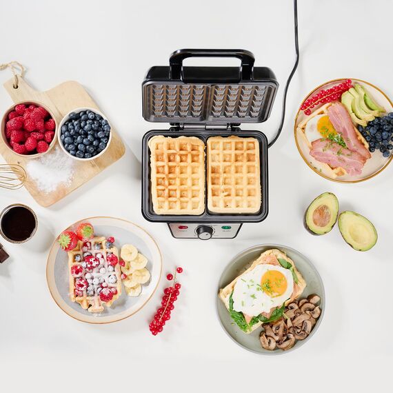 Tristar WF-2195 Waffeleisen – Zwei Waffeln gleichzeitig – Edelstahlgehäuse, Antihaftbeschichtung, 1000 W, einstellbarer Thermostat für perfekte Bräunung, Kontrollleuchten, einfache Reinigung