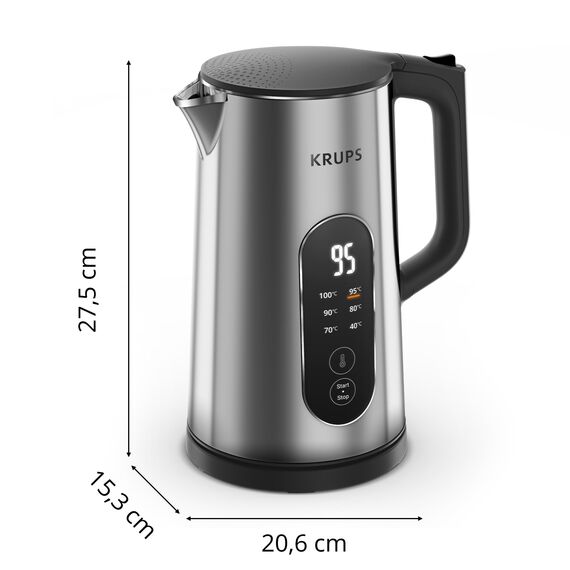 Krups Selection Wasserkocher, 1,7 Liter Fassungsvermögen für bis zu 6 Tassen, 6 Temperaturen, Real-Time Display, Warmhaltefunktion, kühle Außenseite, Auto-Abschaltung, Edelstahl, BW871DF0