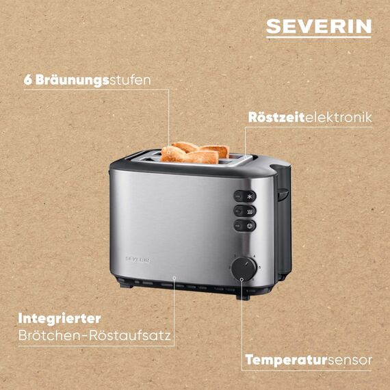 SEVERIN Automatik-Toaster mit 2 Toastschlitzen, mit Brötchenaufsatz, Edelstahl, zum Toasten, Auftauen und Erwärmen, 850 W, Edelstahl gebürstet/schwarz, AT 2514