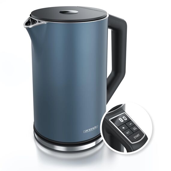 Arendo - Edelstahl Wasserkocher mit Temperatureinstellung 40-100 Grad in 5er Schritten - Doppelwand Design - Modell ELEGANT - 1,5 Liter - 2200 W - Teekocher mit Temperaturanzeige - GS - Admiral Blau