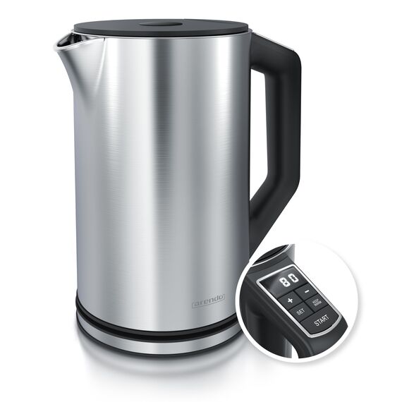Arendo - Edelstahl Wasserkocher mit Temperatureinstellung 40-100 Grad in 5er Schritten - Doppelwand Design - Modell ELEGANT - 1,5 Liter - 2200 W - Teekocher mit Temperaturanzeige - Silber glänzend