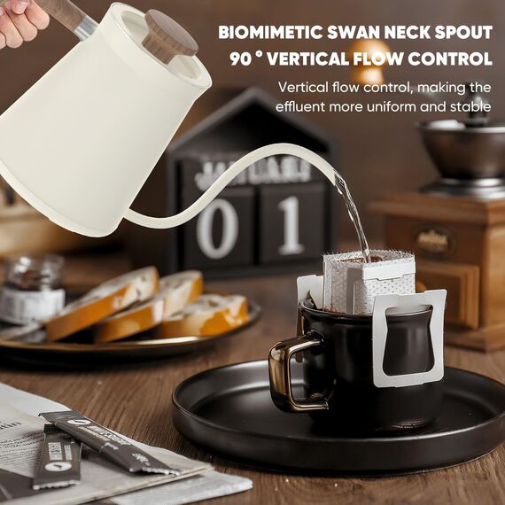 0.6L Schwanenhals Elektrischer Kaffee Wasserkocher mit 40~100℃ Temperatur Einstellbar, 1000W Schnell Kochend, 304 Edelstahl Mini-Brühkaffee Wasserkocher, Gehärtetes Glas Touch-Bedienfeld, Hochgradig