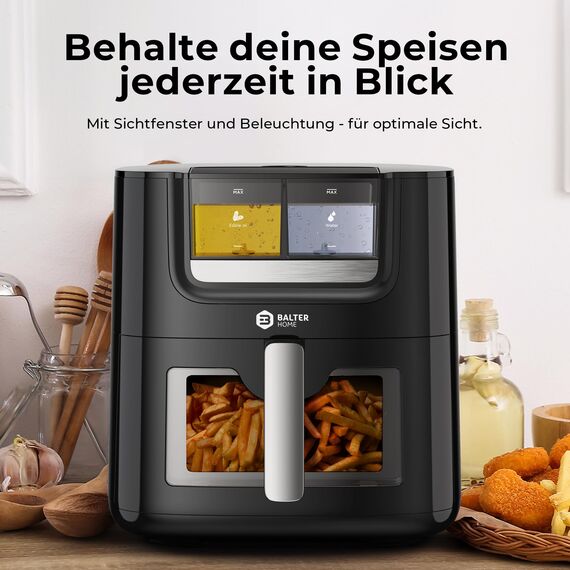 Balter Heißluftfritteuse Airfryer mit Öl- & Wasser-Spray Funktion für extra knusprige Speisen, 7,2L XXL, Heissluftfriteuse mit Sichtfenster, 10 Programme, Air Fryer, inkl. 100 Rezepte, HL-710