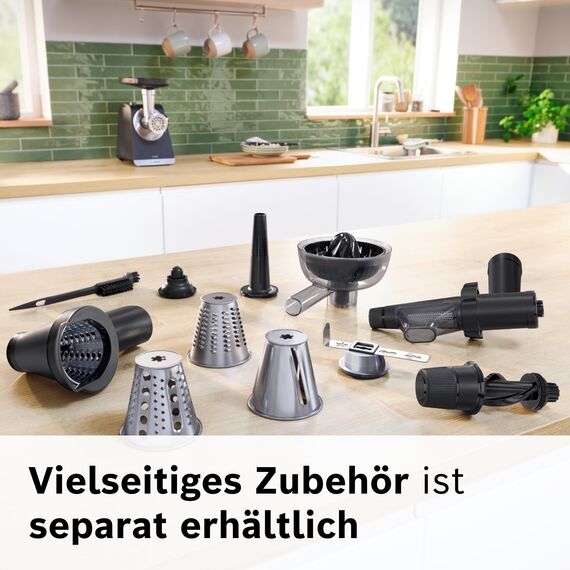 Bosch MultiPower Serie 6 Fleischwolf MFWS607W, 2 Lochscheiben (4,5 und 8 mm), Edelstahl, spülmaschinenfest, Kebbe- und Wurst-Aufsatz, Motorblockleistung 2.100 W, Weiß