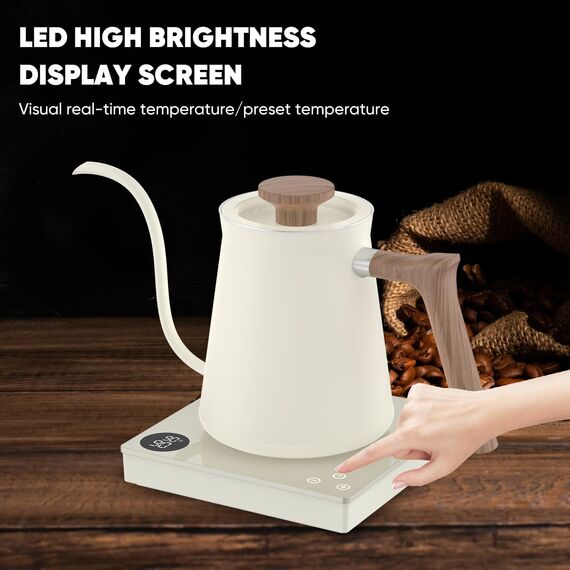 0.6L Schwanenhals Elektrischer Kaffee Wasserkocher mit 40~100℃ Temperatur Einstellbar, 1000W Schnell Kochend, 304 Edelstahl Mini-Brühkaffee Wasserkocher, Gehärtetes Glas Touch-Bedienfeld, Hochgradig