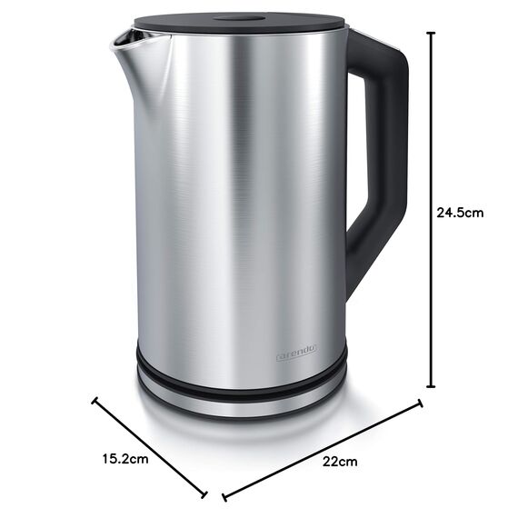 Arendo - Edelstahl Wasserkocher mit Temperatureinstellung 40-100 Grad in 5er Schritten - Doppelwand Design - Modell ELEGANT - 1,5 Liter - 2200 W - Teekocher mit Temperaturanzeige - Silber glänzend