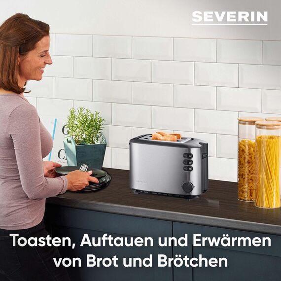 SEVERIN Automatik-Toaster mit 2 Toastschlitzen, mit Brötchenaufsatz, Edelstahl, zum Toasten, Auftauen und Erwärmen, 850 W, Edelstahl gebürstet/schwarz, AT 2514