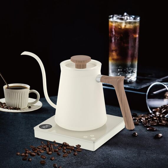 0.6L Schwanenhals Elektrischer Kaffee Wasserkocher mit 40~100℃ Temperatur Einstellbar, 1000W Schnell Kochend, 304 Edelstahl Mini-Brühkaffee Wasserkocher, Gehärtetes Glas Touch-Bedienfeld, Hochgradig