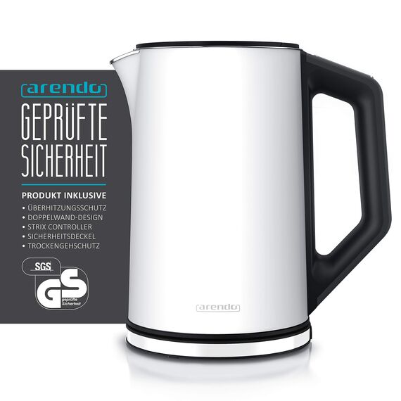 Arendo - Edelstahl Wasserkocher mit Temperatureinstellung 40-100 Grad in 5er Schritten - Doppelwand Design - Modell ELEGANT - 1,5 Liter - 2200 W - Teekocher mit Temperaturanzeige - GS - weiß