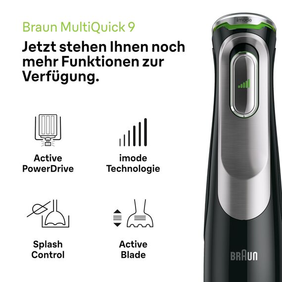 Braun MultiQuick 9 - Stabmixer mit SplashControl-Technologie, Präzise Geschwindigkeitsregelung, Active PowerDrive, 1,2L Küchenmaschine, Zerkleinerer, 600 ml Becher, 1200W, Schwarz (MQ9187XLI)