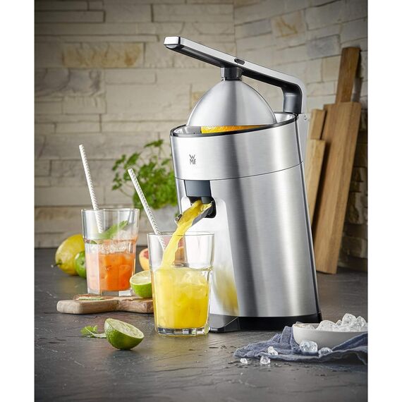 WMF Profi Plus Orangensaftpresse elektrisch, Hebel-Zitronenpresse Edelstahl, Limettenpresse, Zitruspresse, Orangenpresse mit Fruchthalter, 160 Watt, Tropfstopp, edelstahl matt