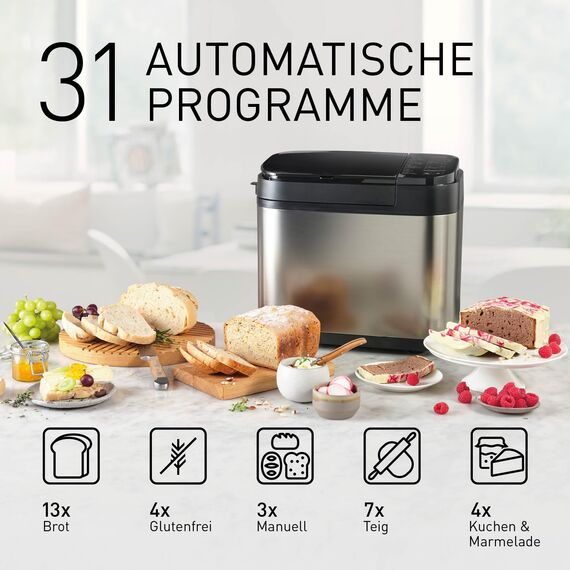 Panasonic SD-YR2550 Vollautomatischer Brotbackautomat, horizontales Design, Rosinen-Nussverteiler und Hefespender, 31 automatische Programme, zwei Temperatursensoren, 13-Stunden-Zeitvorwahl, Silber