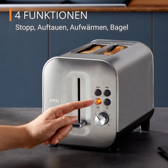 Krups KH682D Excellence Toaster, 8 Bräunungsstufen, 4 Funktionen, 2 Scheiben Toaster, Anhebevorrichtung, herausnehmbare Krümelschublade, 850 Watt, gebürsteter Edelstahl