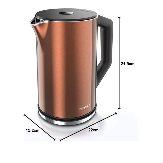 Arendo - Edelstahl Wasserkocher mit Temperatureinstellung 40-100 Grad in 5er Schritten - Doppelwand Design - Modell ELEGANT - 1,5 Liter - 2200 W - Teekocher mit Temperaturanzeige - GS - Kupfer