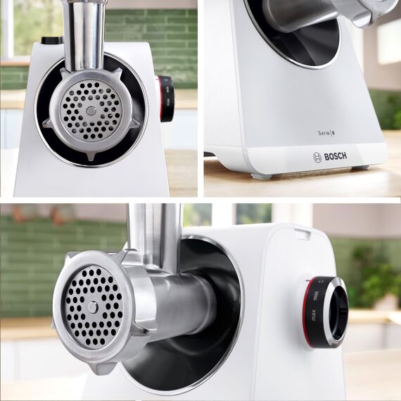 Bosch MultiPower Serie 6 Fleischwolf MFWS607W, 2 Lochscheiben (4,5 und 8 mm), Edelstahl, spülmaschinenfest, Kebbe- und Wurst-Aufsatz, Motorblockleistung 2.100 W, Weiß
