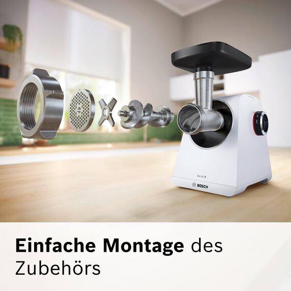 Bosch MultiPower Serie 6 Fleischwolf MFWS607W, 2 Lochscheiben (4,5 und 8 mm), Edelstahl, spülmaschinenfest, Kebbe- und Wurst-Aufsatz, Motorblockleistung 2.100 W, Weiß