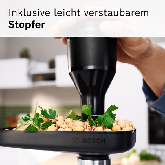 Bosch MultiPower Serie 6 Fleischwolf MFWS607W, 2 Lochscheiben (4,5 und 8 mm), Edelstahl, spülmaschinenfest, Kebbe- und Wurst-Aufsatz, Motorblockleistung 2.100 W, Weiß